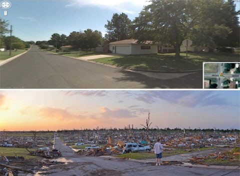 Một bức ảnh cho thấy một góc phố ở thành phố Joplin, bang miền trung tây Missouri, trước và sau khi trận lốc xoáy kinh hoàng quét qua đây. Ít nhất 159 người chết, 1.000 người bị thương và một phần ba thành phố bị phá hủy sau lốc xoáy. Đây là trận lốc xoáy riêng lẻ khiến nhiều người chết nhất trong lịch sử nước Mỹ. Ảnh: Flickr
